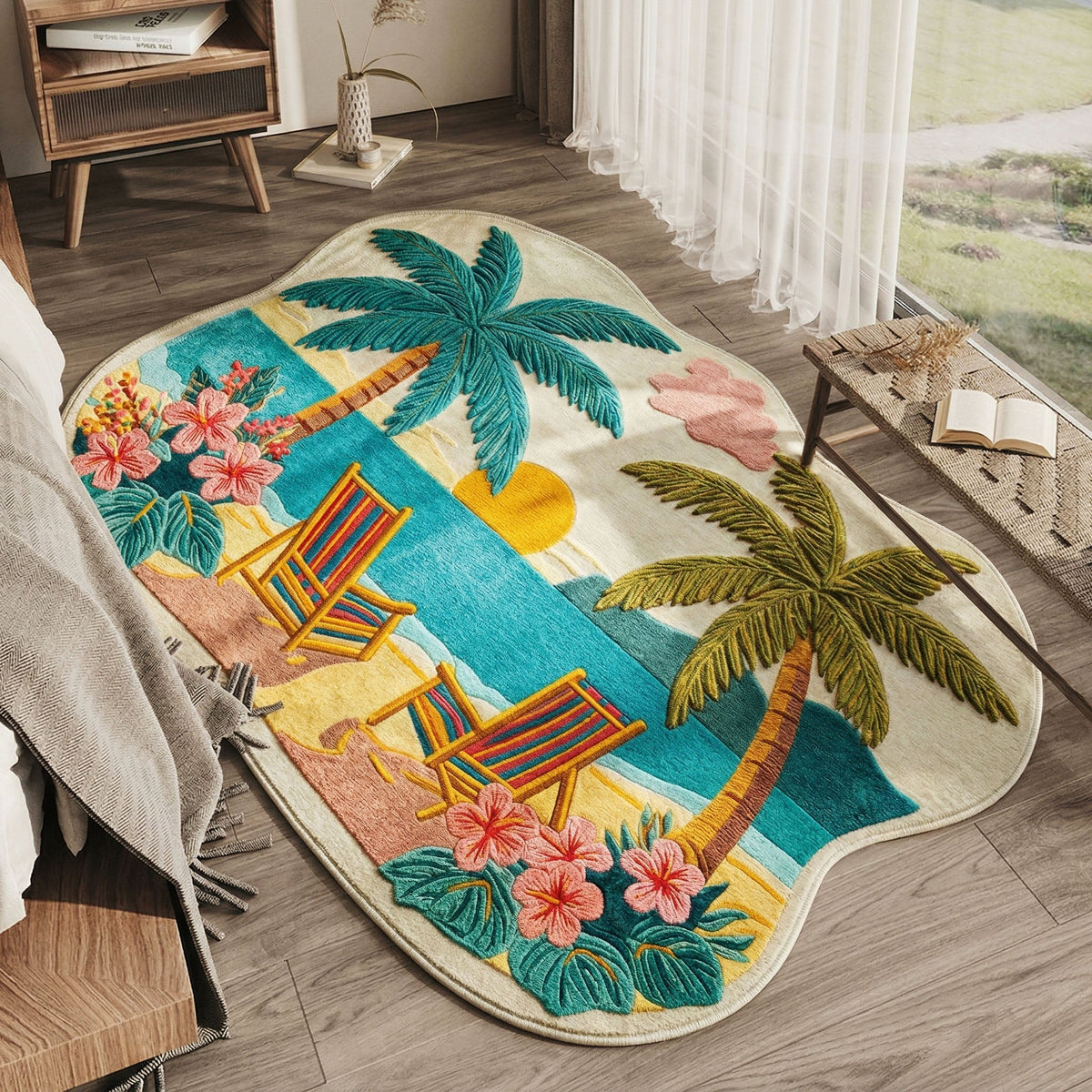 Palm Escape Custom Shape Area Rug - Nature Design | Die-Cut Non-Slip Rug - washable non-slip printed rug