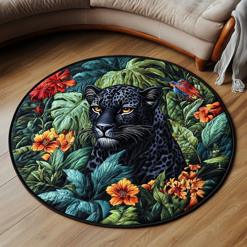 Panther Bloom Round Mat Rug - washable non-slip printed rug