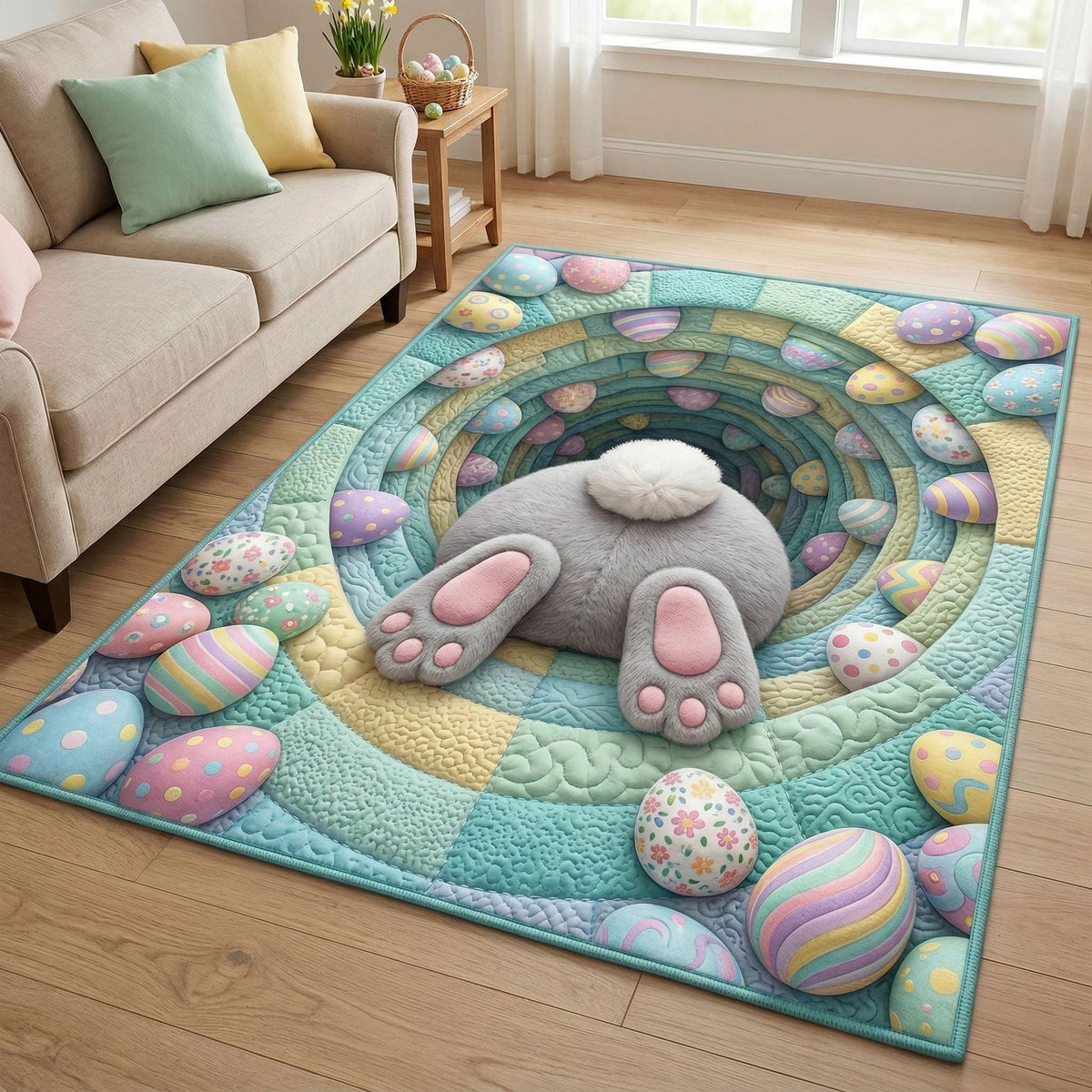 Pastel Bunny area rug in a living room