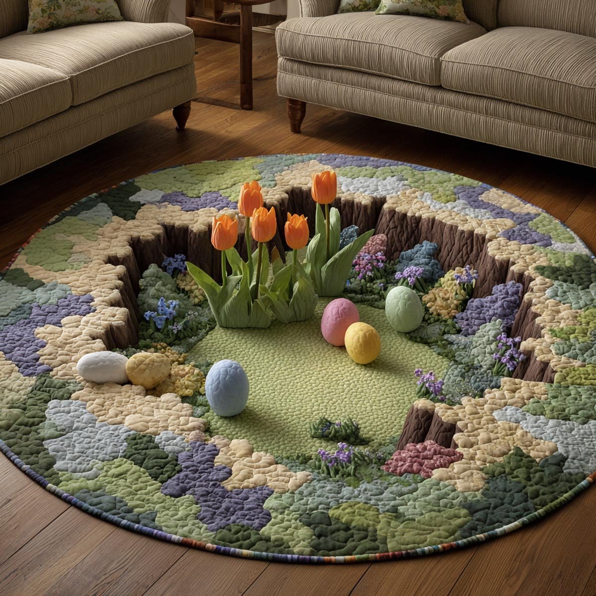 Pastel Meadow Round Mat Rug - washable non-slip printed rug