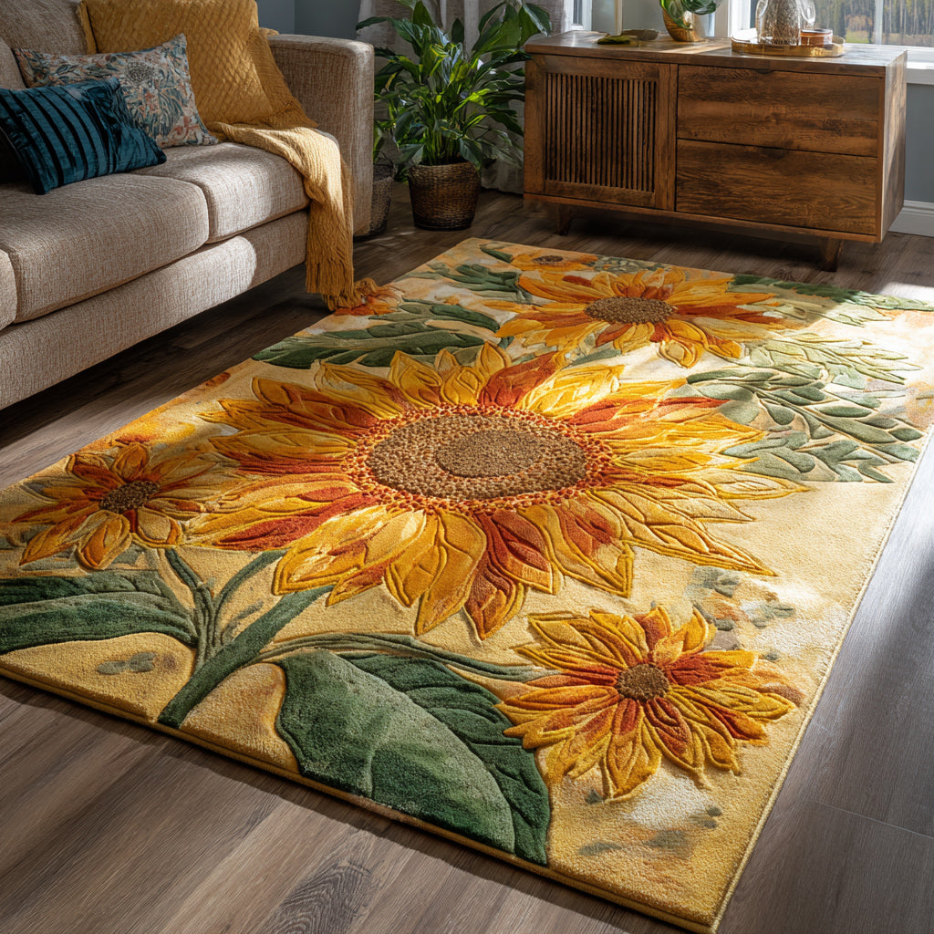 Pastel Sunflower area rug in a living room
