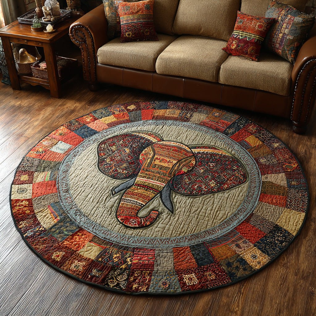 Patchwork Elephant Round Mat Rug - washable non-slip printed rug
