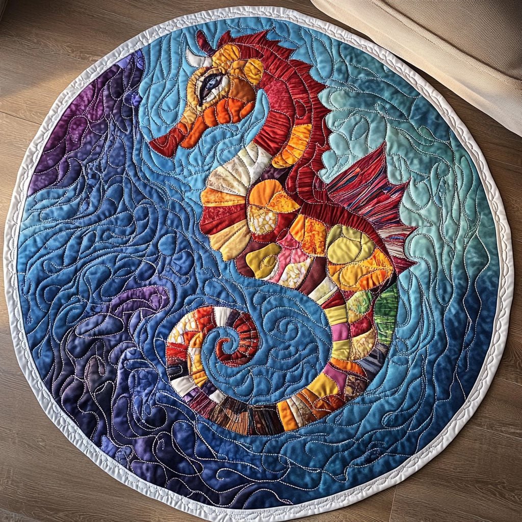 Patchwork Seahorse Round Mat Rug - Cute Pet Design | Animal Printed Home Decor