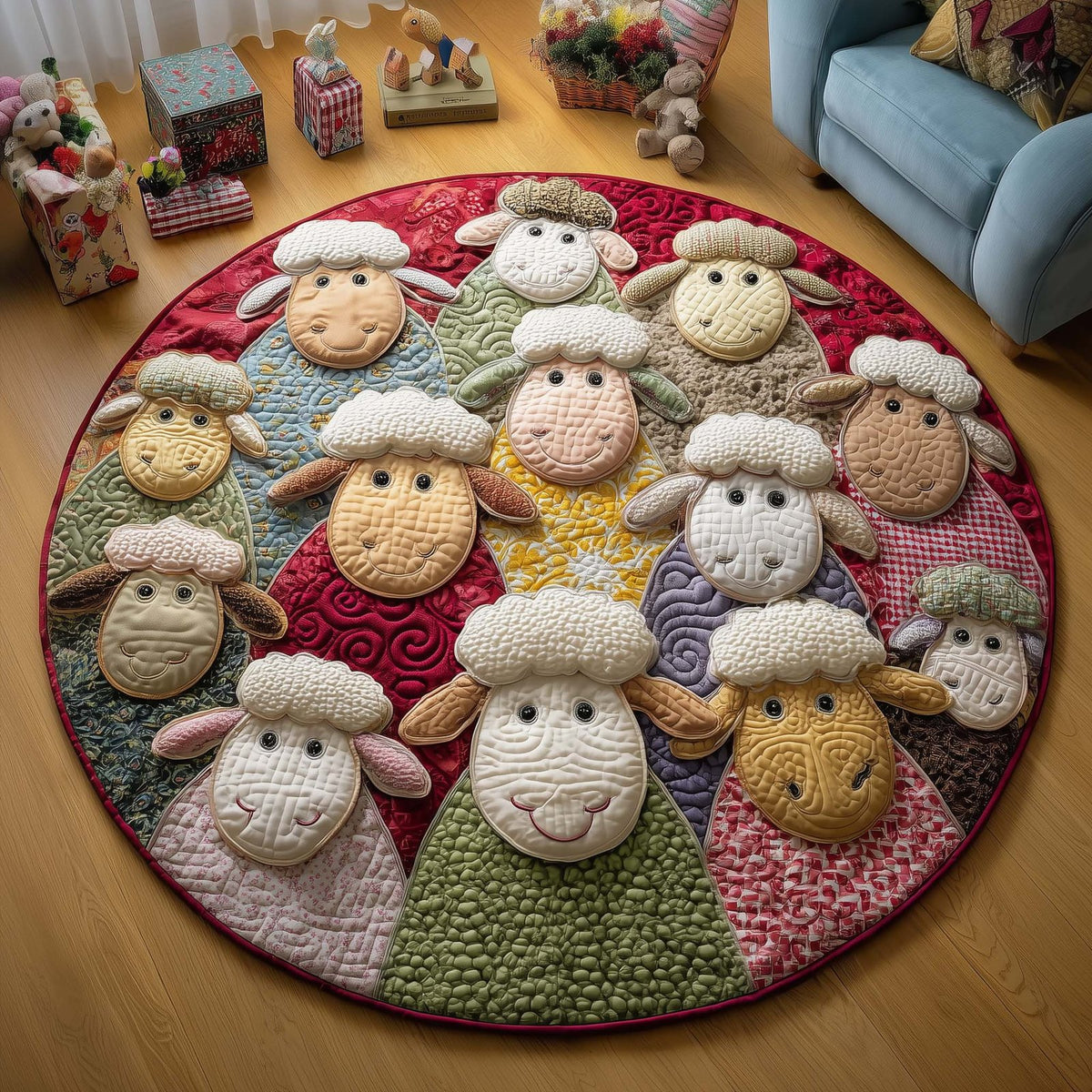 Patchwork Sheep Round Mat Rug - washable non-slip printed rug