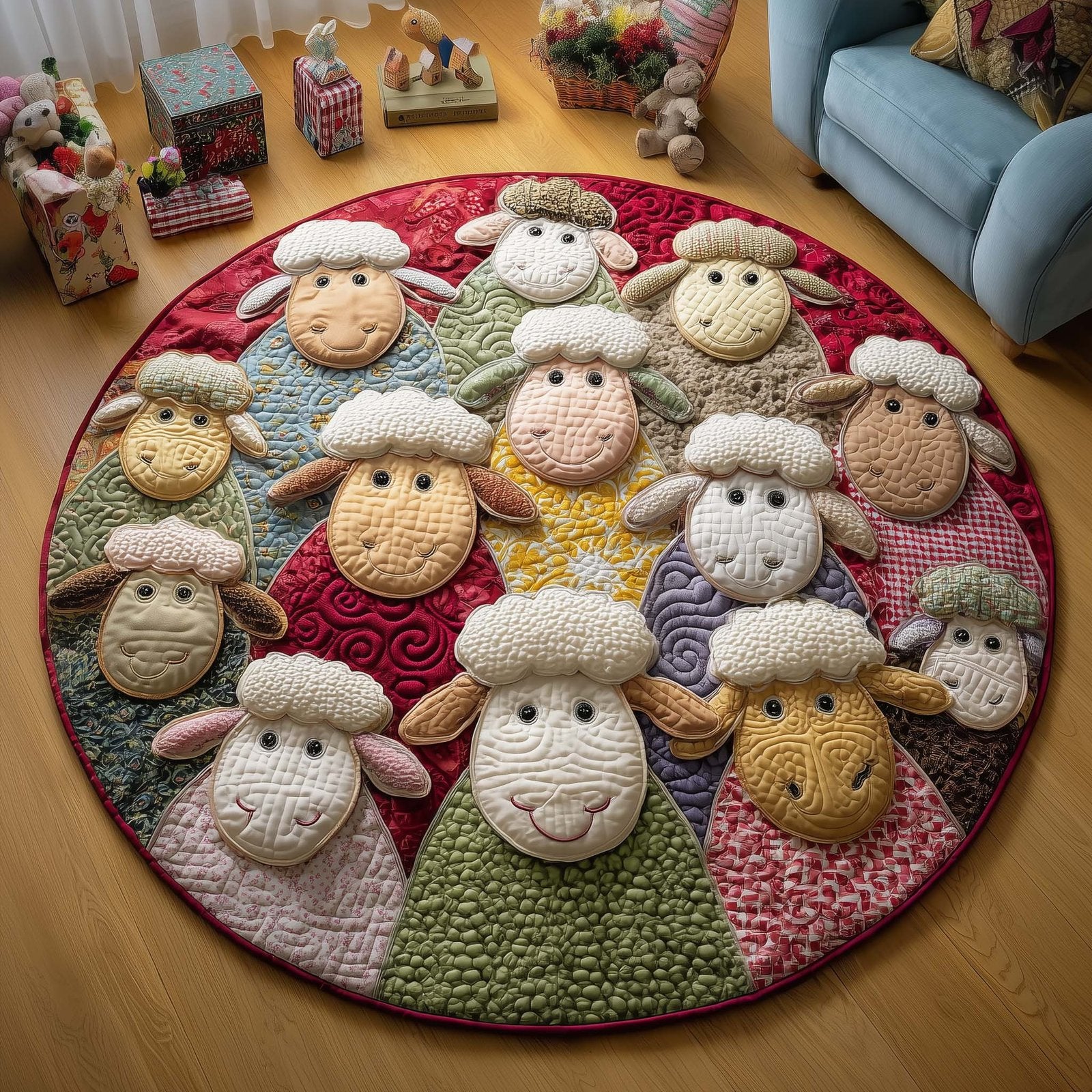 Patchwork Sheep Round Mat Rug - Nature Design | Serene Home Decor