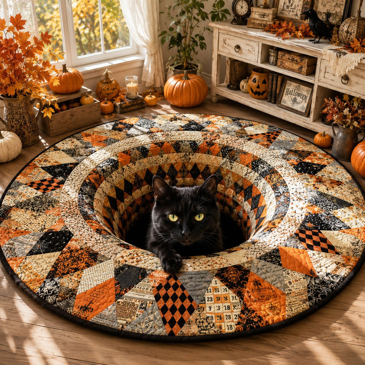 Patchwork Spell Round Mat Rug - washable non-slip printed rug