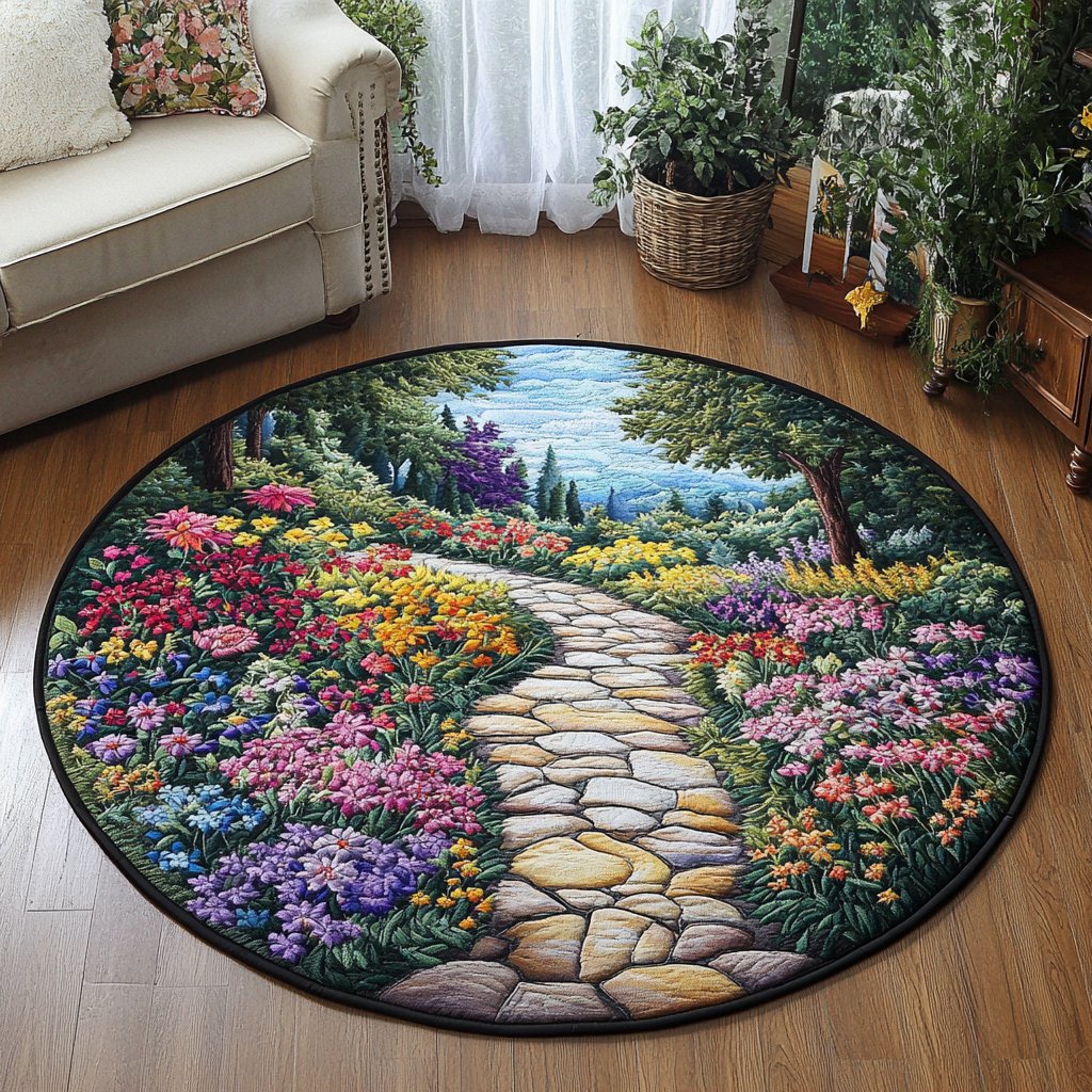Pathway to Paradise Round Mat Rug - washable non-slip printed rug