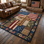 Patriot Cross Faith area rug in a living room