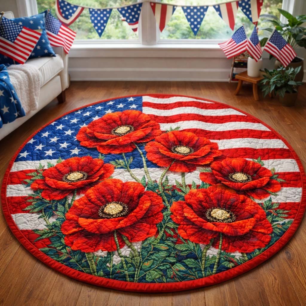 Patriot Poppies Round Mat Rug - washable non-slip printed rug