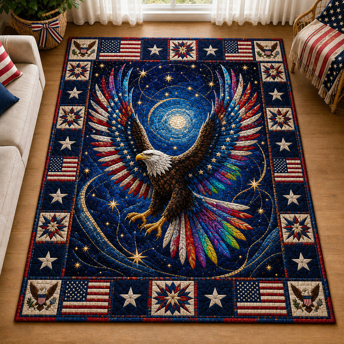 Patriotic Bald Eagle area rug in a living room