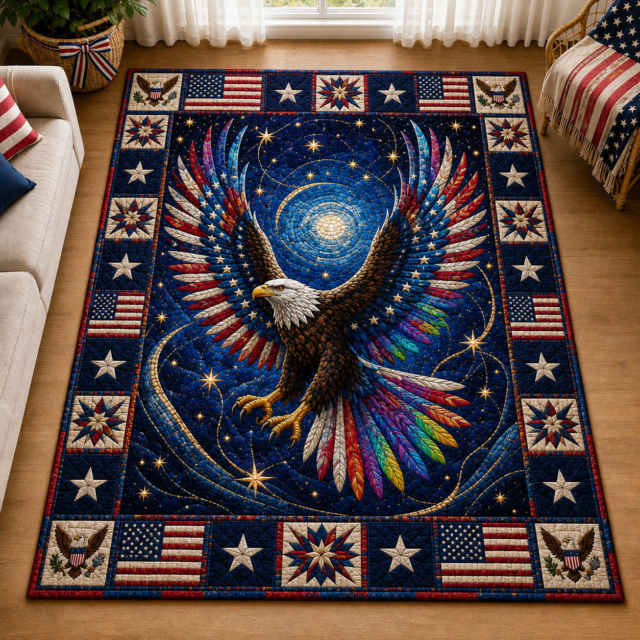 Patriotic Bald Eagle area rug in a living room