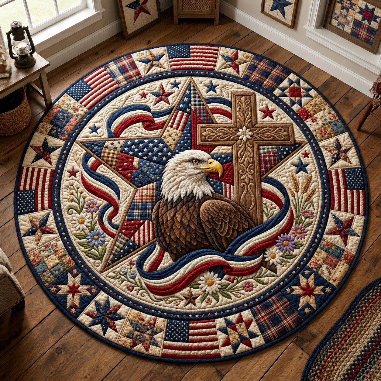 Patriotic Bald Eagle Floral Round Mat Rug - Nature Design | Serene Home Decor