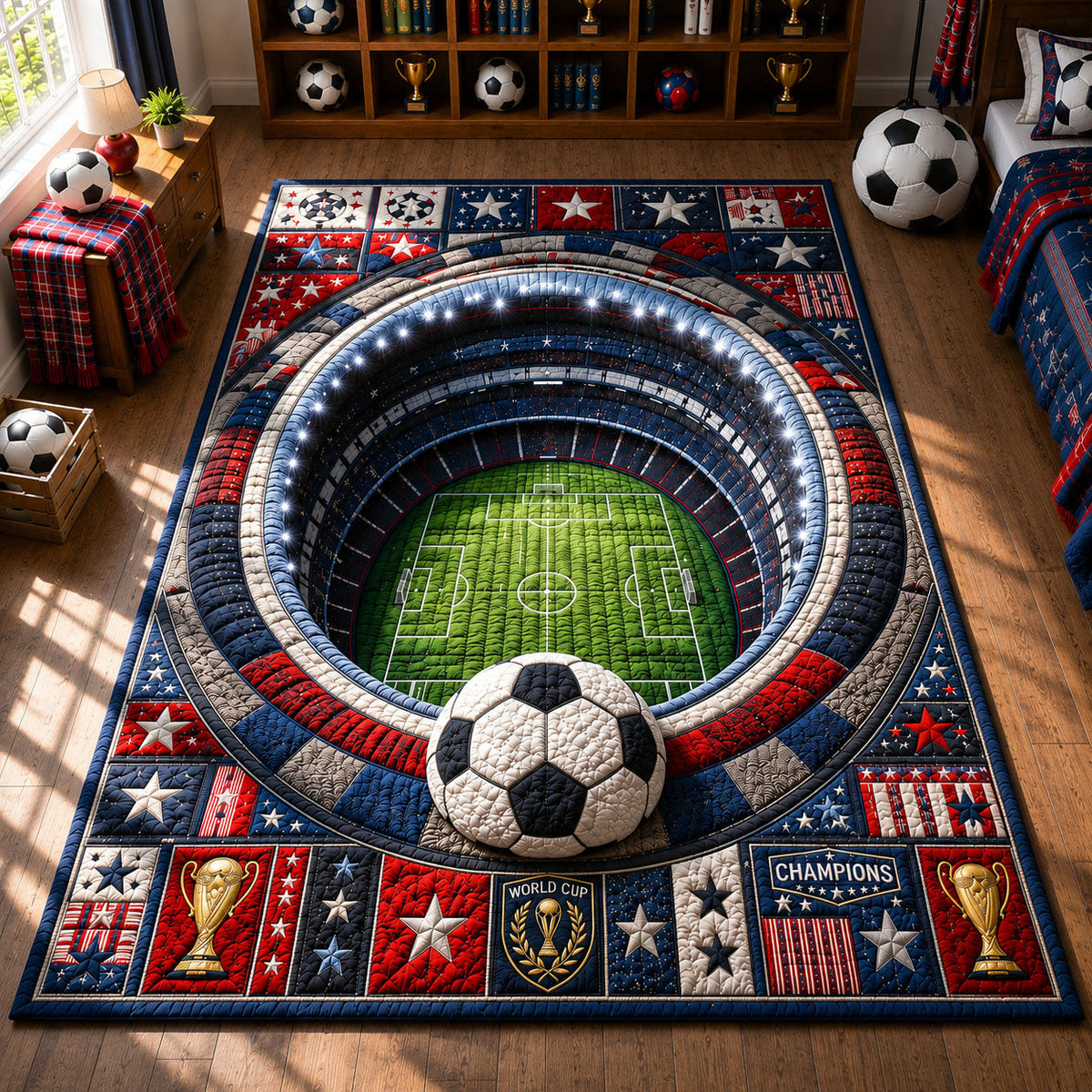 Patriotic Champions Bowl Stadium area rug in a living room