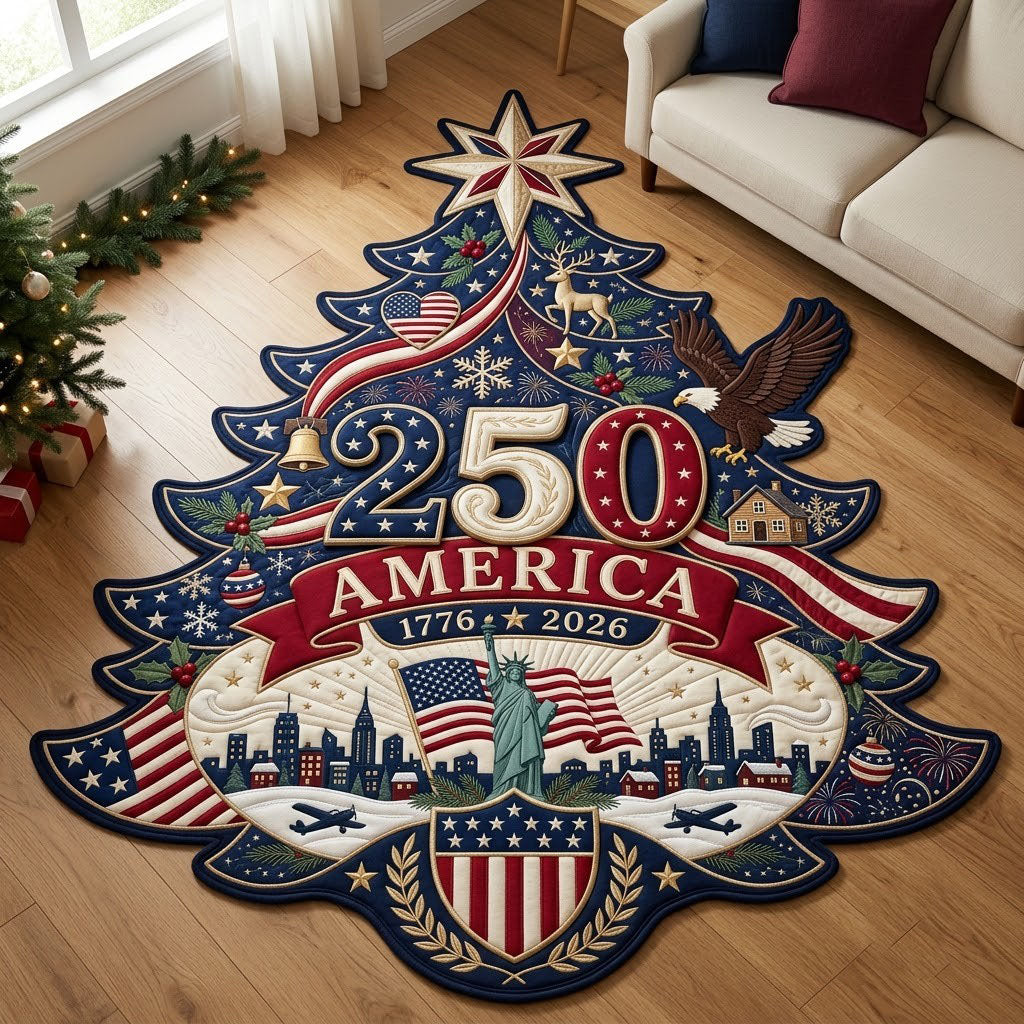 Patriotic Christmas Tree Custom Shape Area Rug - Seasonal Design | Die-Cut Non-Slip Rug - washable non-slip printed rug