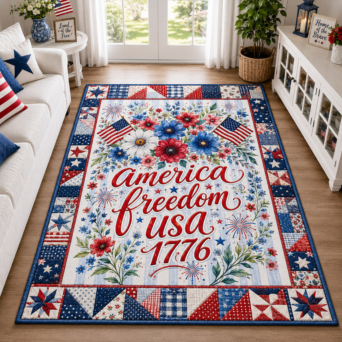 Patriotic Flower USA area rug in a living room
