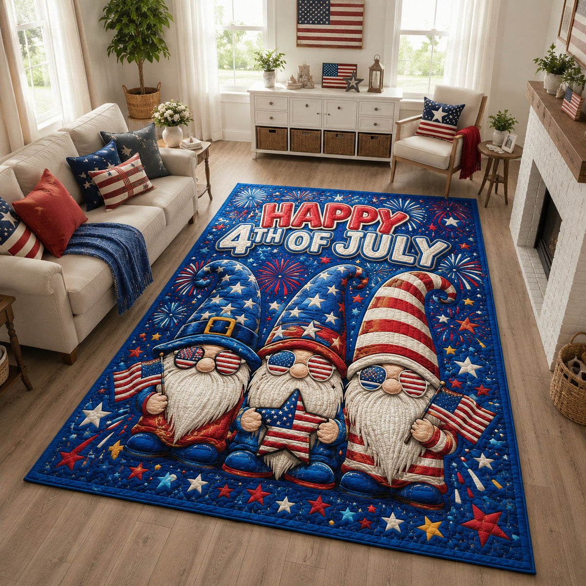 Patriotic Gnome area rug in a living room