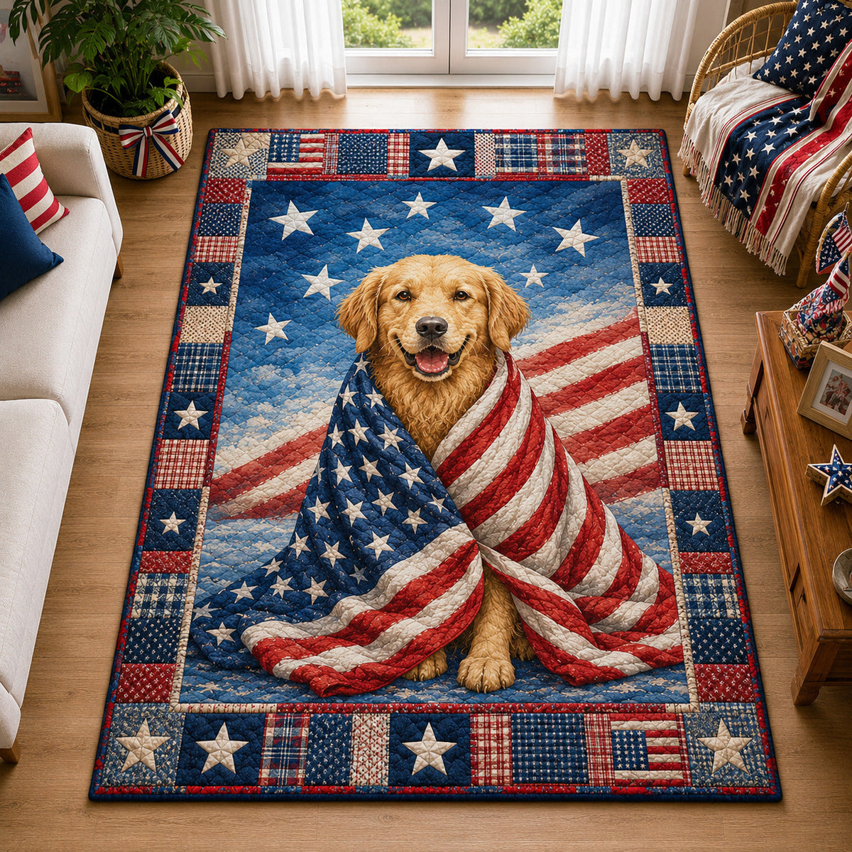 Patriotic Golden Retriever area rug in a living room