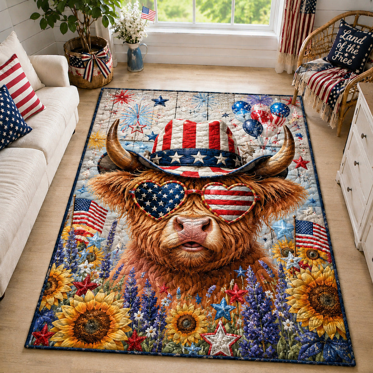Patriotic Highland Cow area rug in a living room