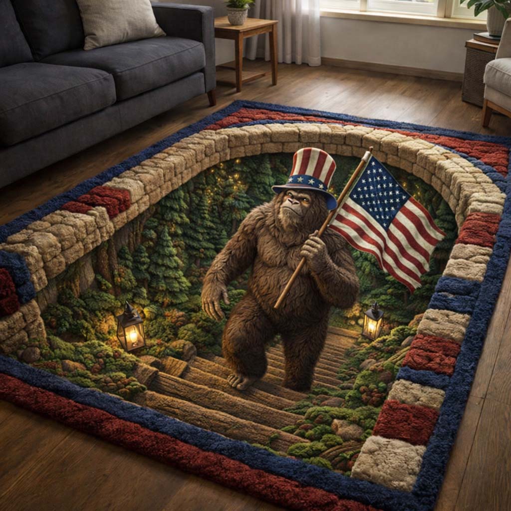 Patriotic Sasquatch area rug in a living room