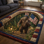 Patriotic Sasquatch area rug in a living room