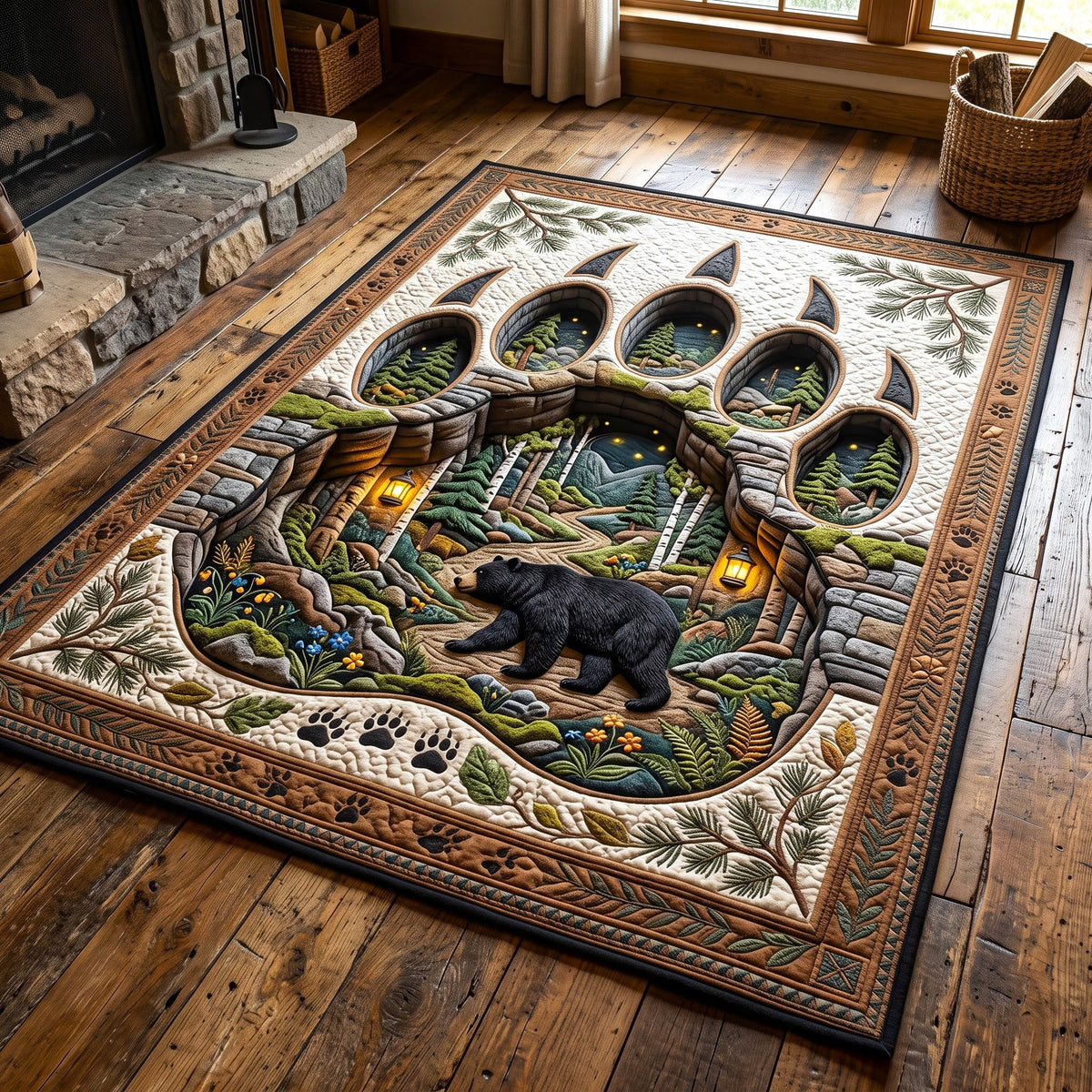 Paw Track Tunnel Rustic Bear area rug in a living room