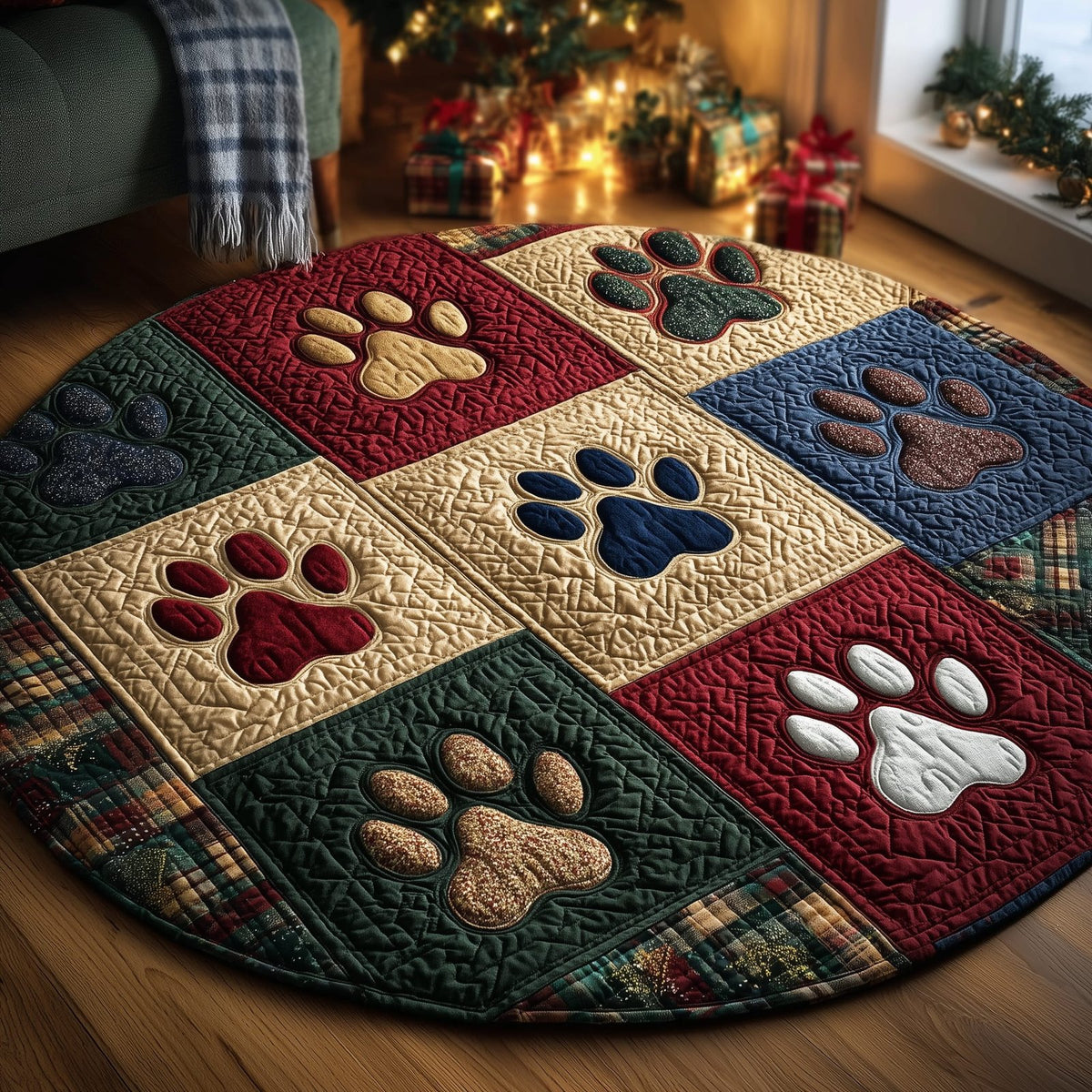 Paws Patchwork Round Mat Rug - washable non-slip printed rug
