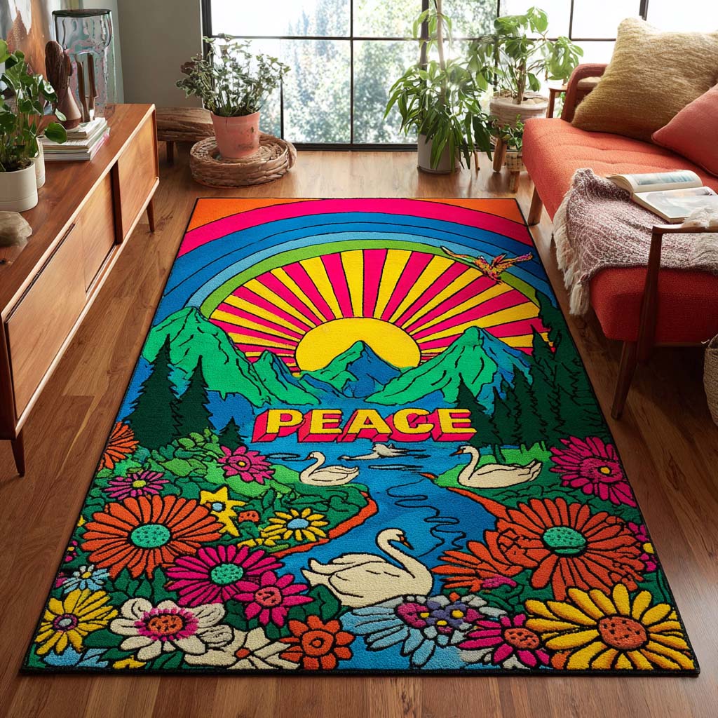 Peace Rainbow Valley area rug in a living room