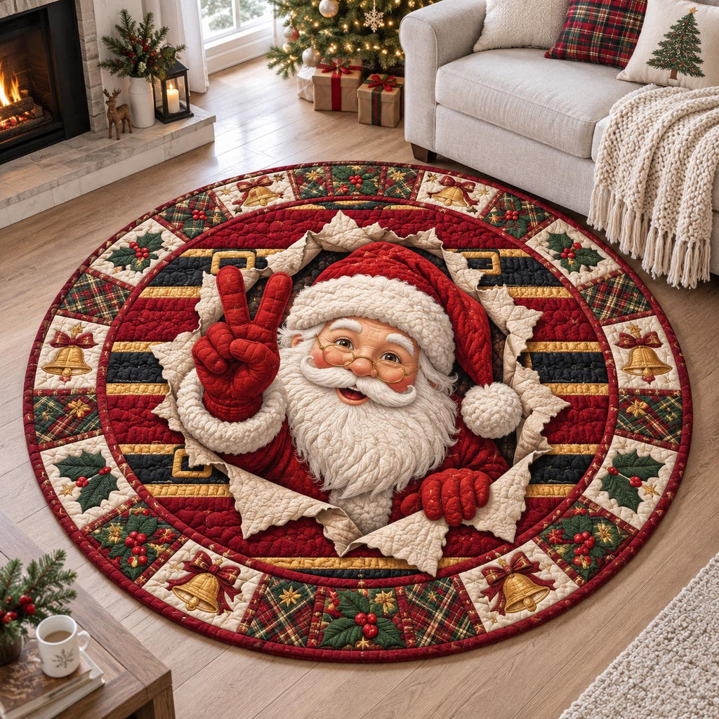 Peace Sign Santa Round Mat Rug - Seasonal Design | Festive Home Decor - washable non-slip printed rug