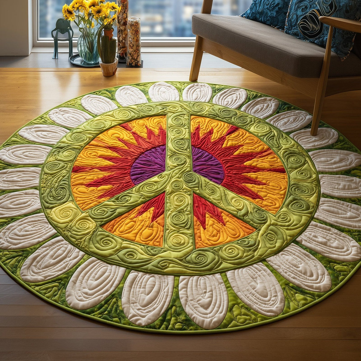 Peace Sun Round Mat Rug - washable non-slip printed rug