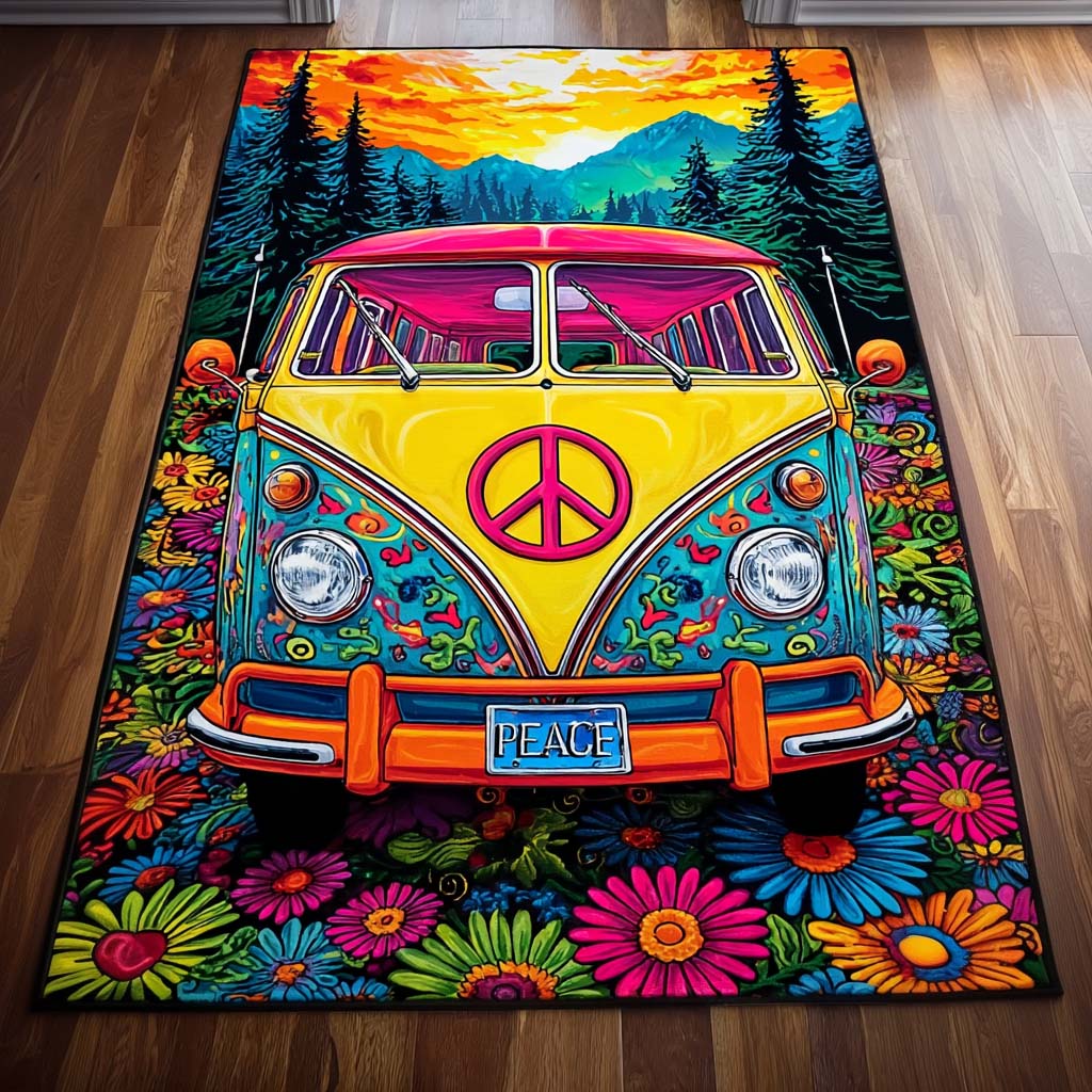 Peace Van Sunset area rug in a living room