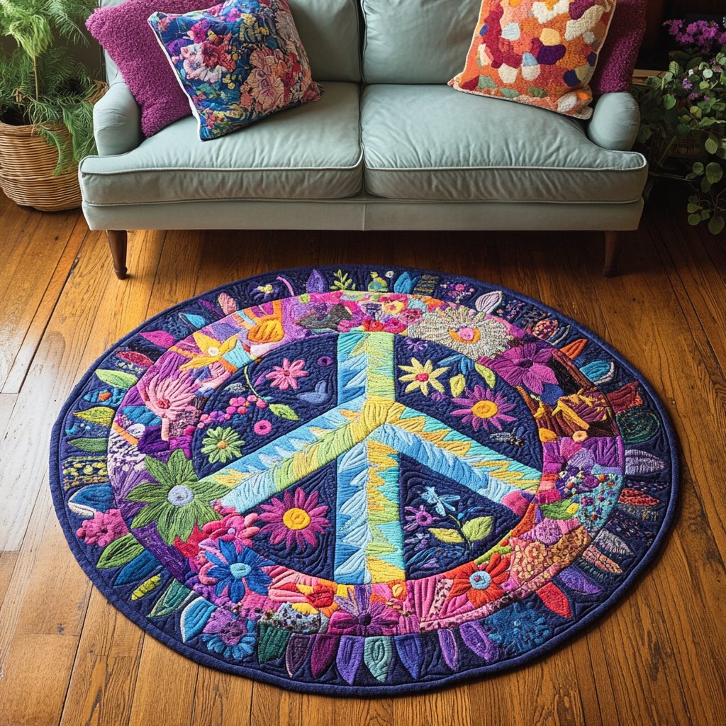 Peace Vibes Round Mat Rug - washable non-slip printed rug