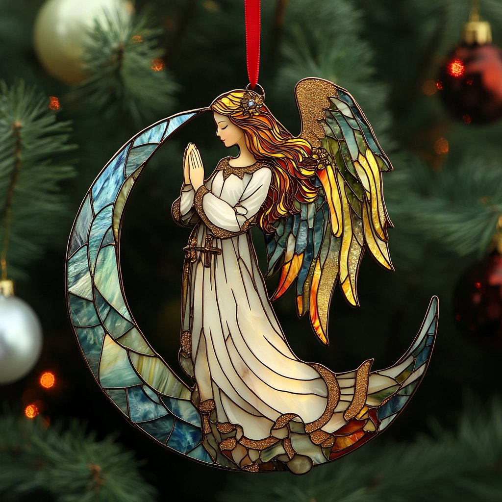 Stained Glass Moon Angel Christmas Ornament