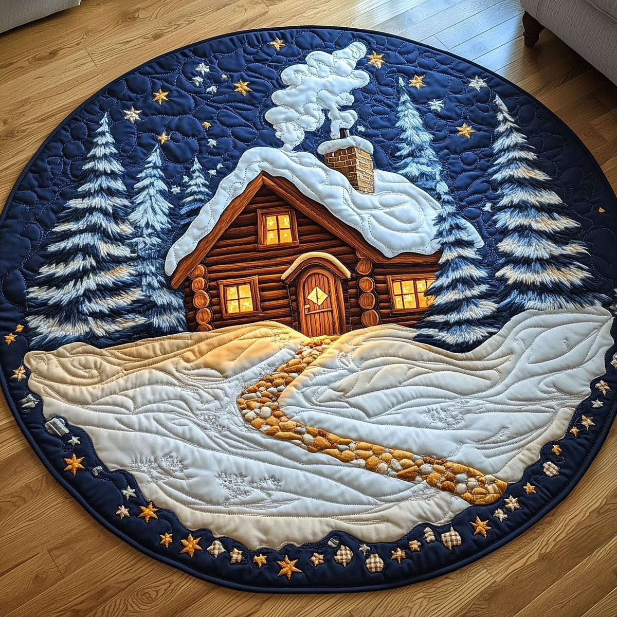 Peaceful Snow Cabin Round Mat Rug - Nature Design | Serene Home Decor