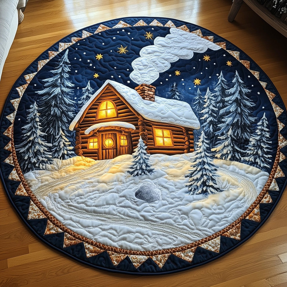 Peaceful Snow Cabin Round Mat Rug - Nature Design | Serene Home Decor