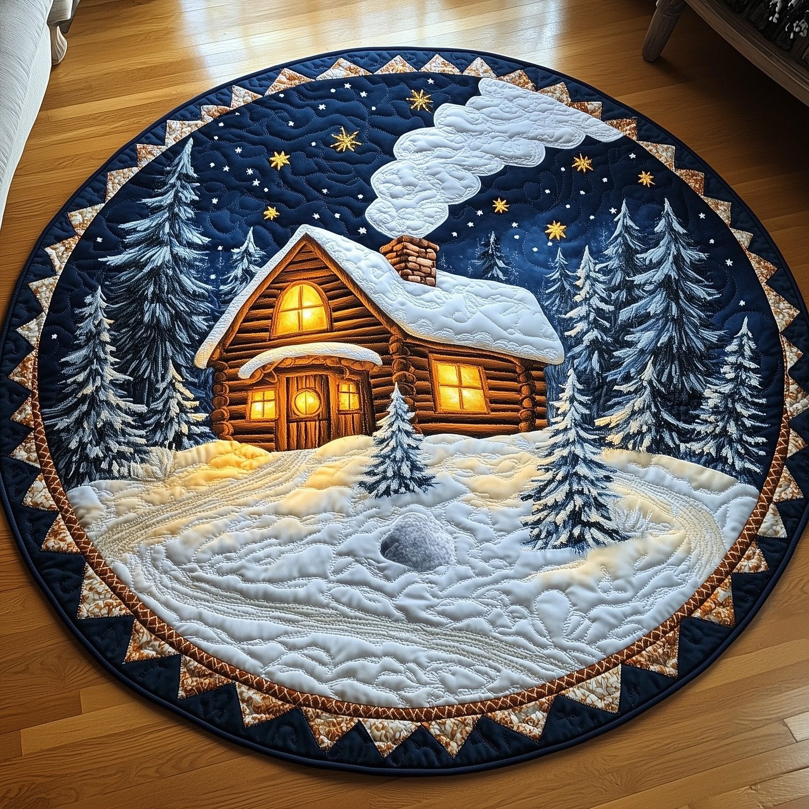 Peaceful Snow Cabin Round Mat Rug - Nature Design | Serene Home Decor