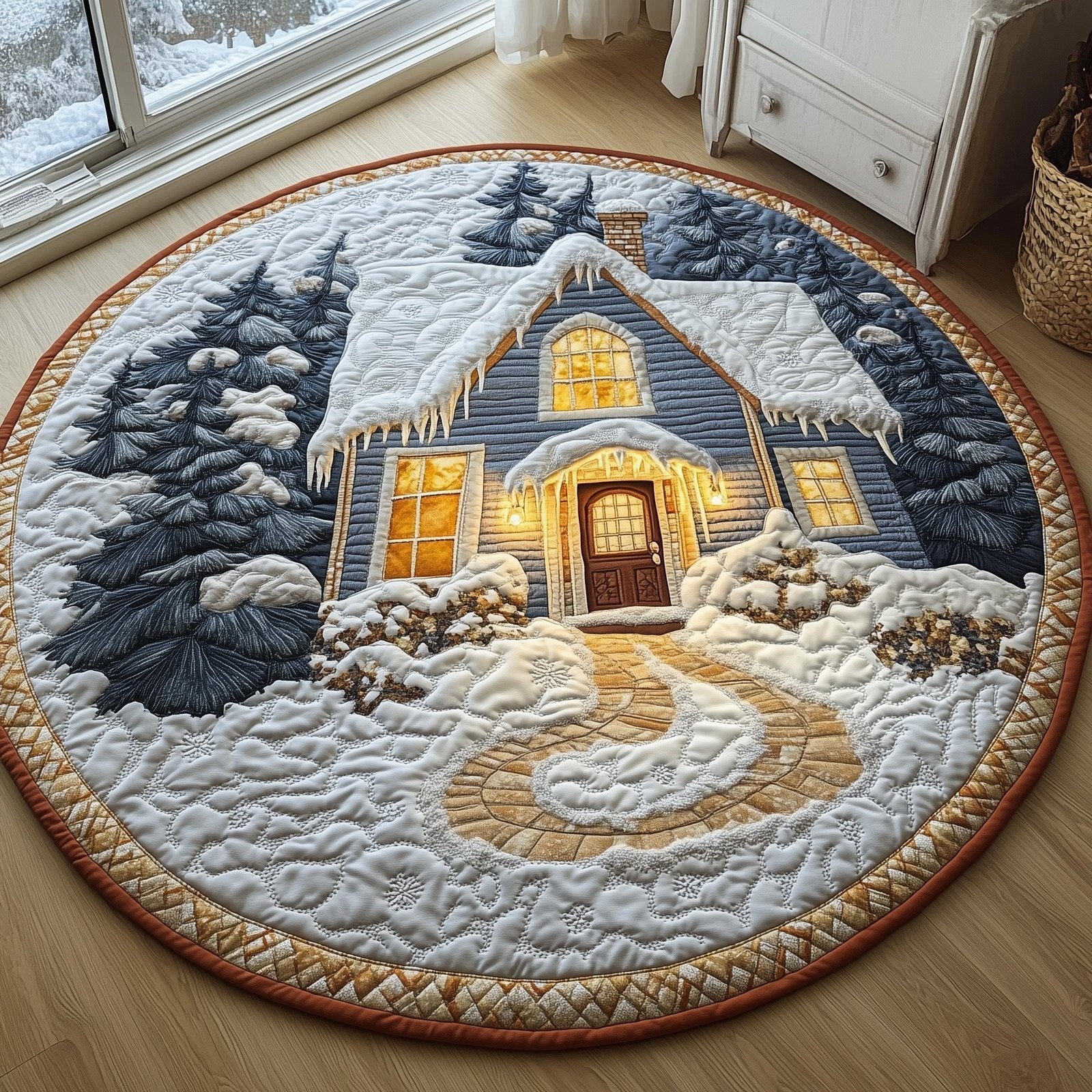 Peaceful Snow Cabin Round Mat Rug - Nature Design | Serene Home Decor