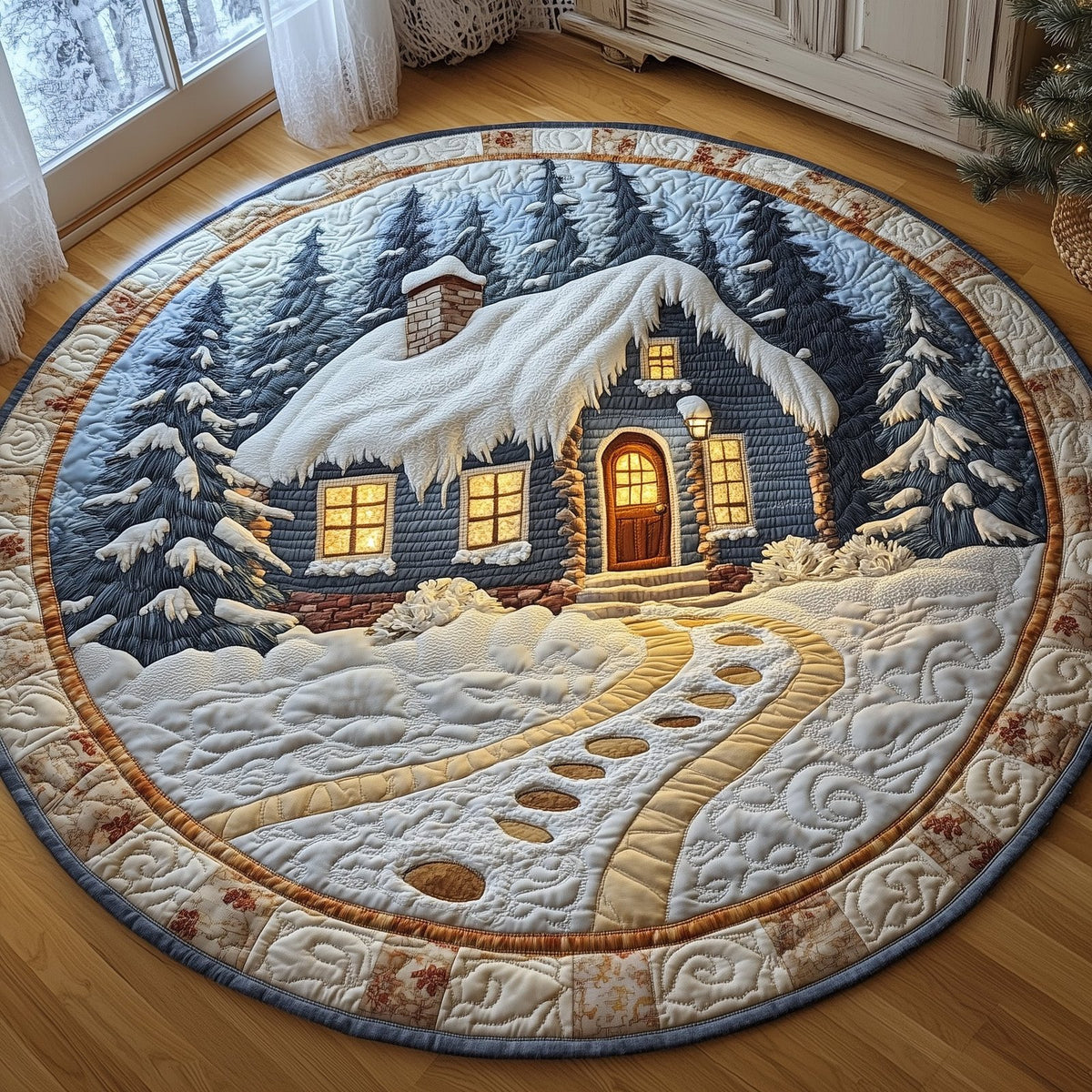 Peaceful Snow Cabin Round Mat Rug - Nature Design | Serene Home Decor