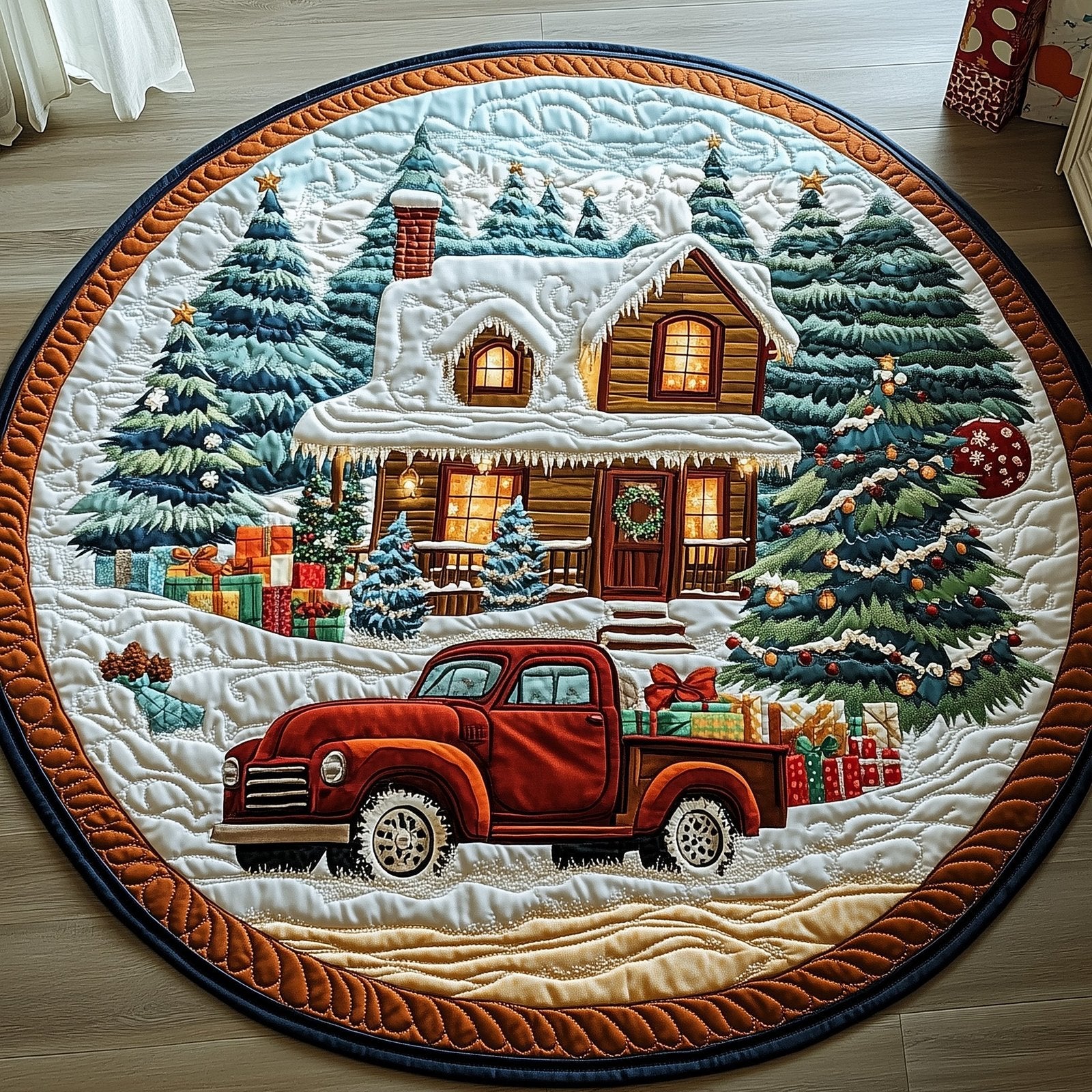 Peaceful Snow Cabin Round Mat Rug - Nature Design | Serene Home Decor