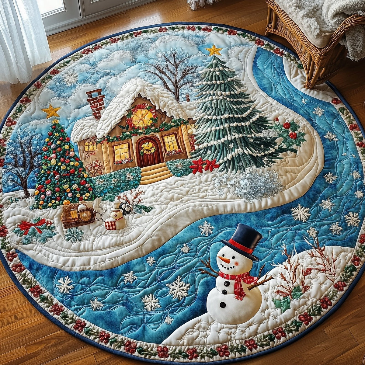 Peaceful Snow Cabin Round Mat Rug - Nature Design | Serene Home Decor