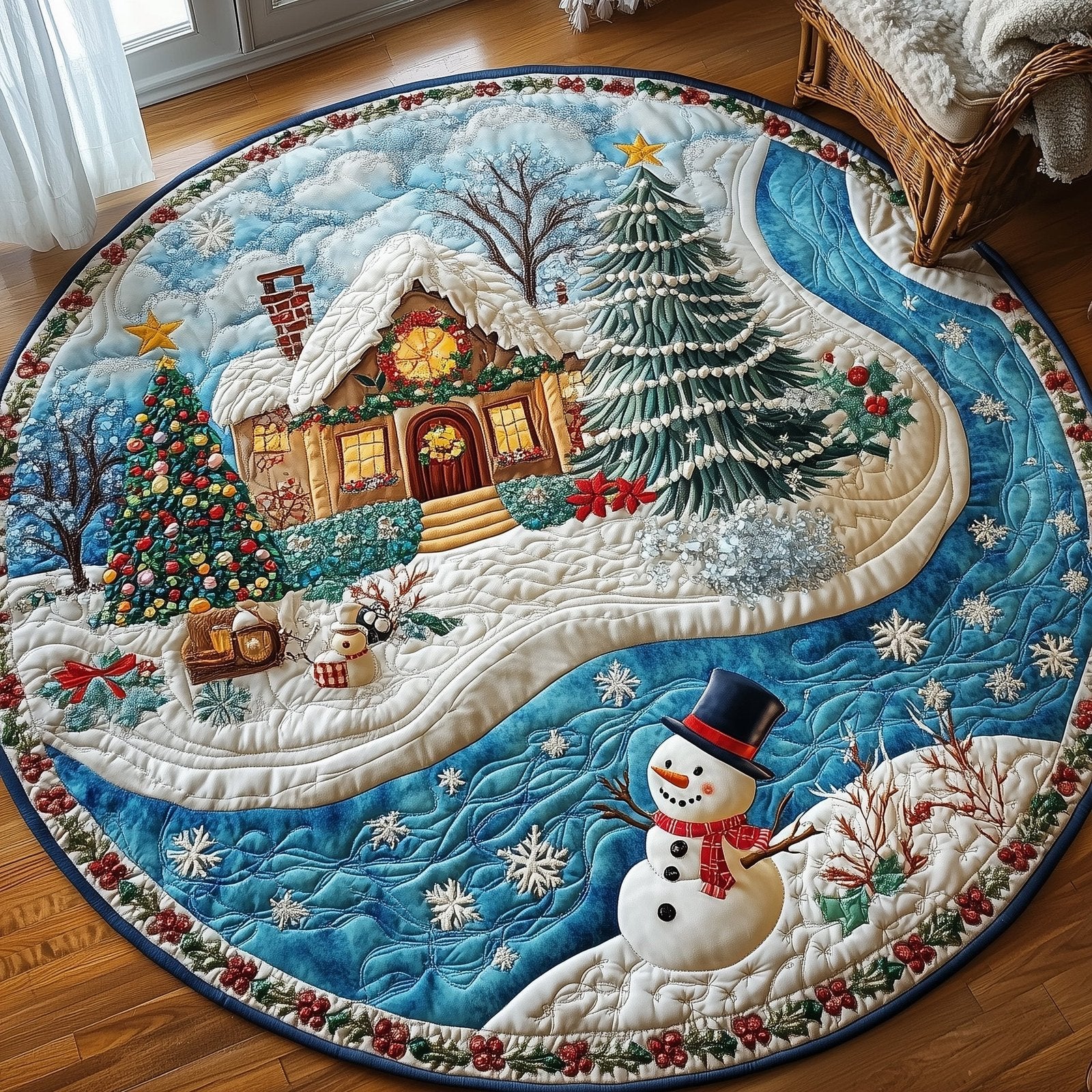 Peaceful Snow Cabin Round Mat Rug - Nature Design | Serene Home Decor