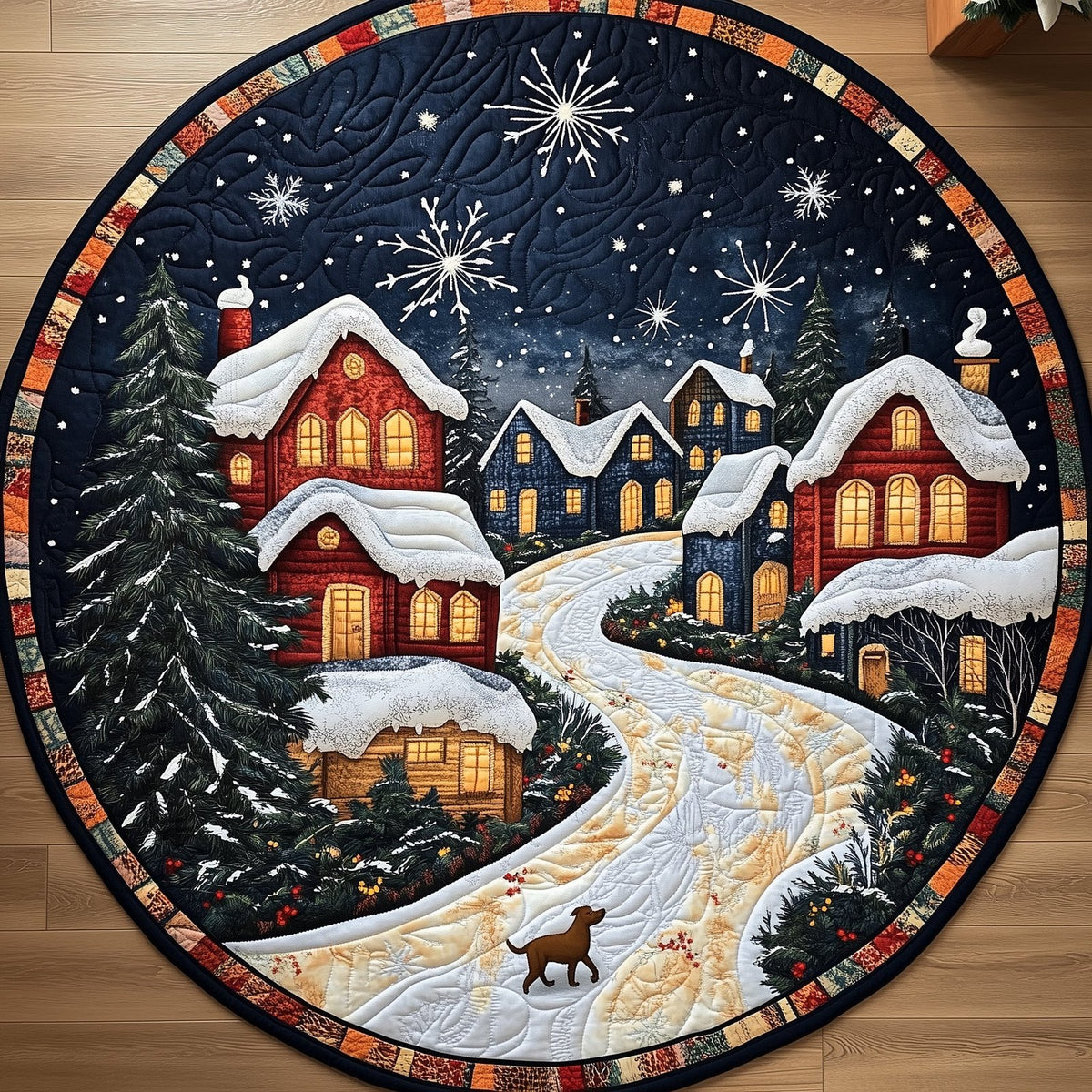 Peaceful Snow Village Round Mat Rug - washable non-slip printed rug
