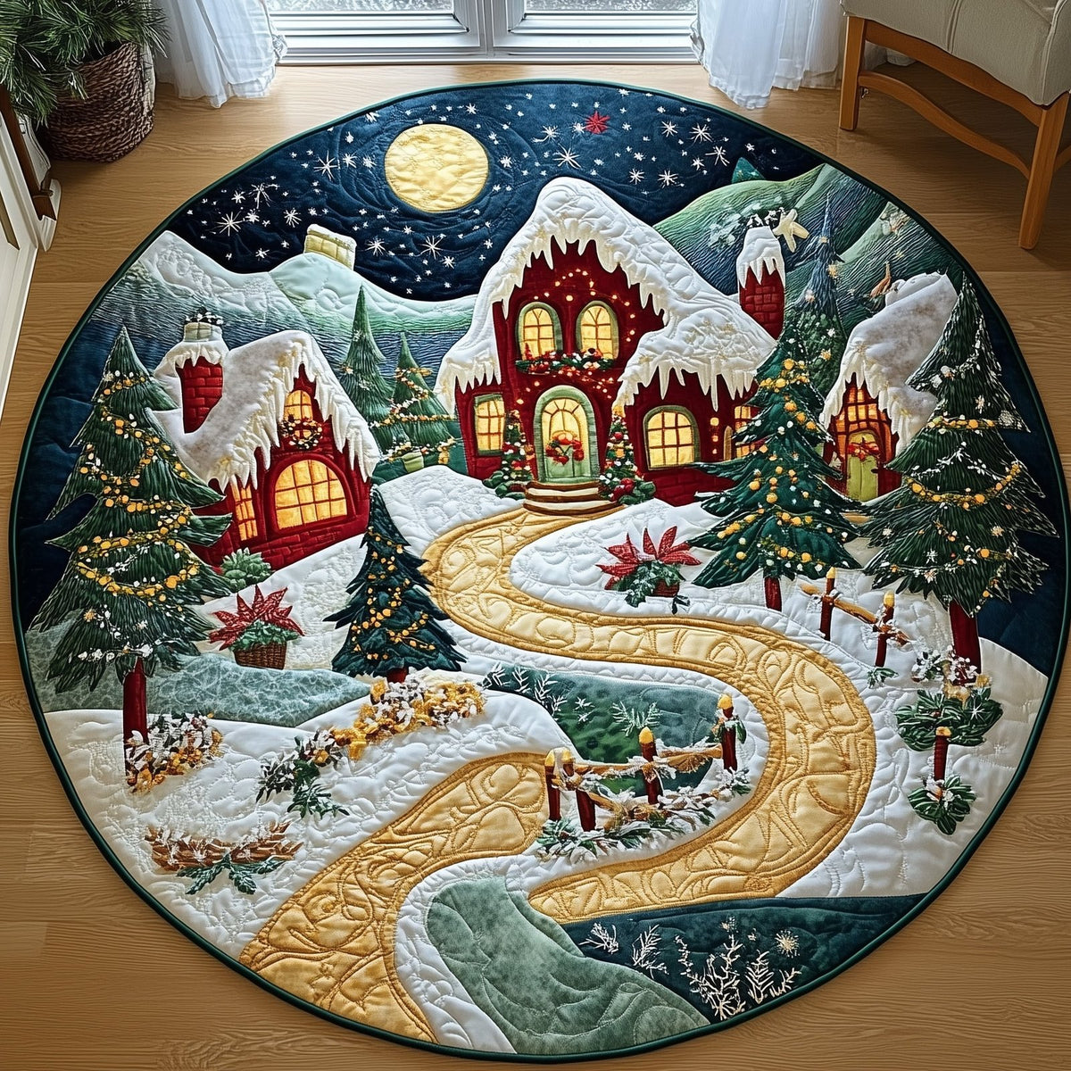 Peaceful Snow Village Round Mat Rug - Nature Design | Serene Home Decor