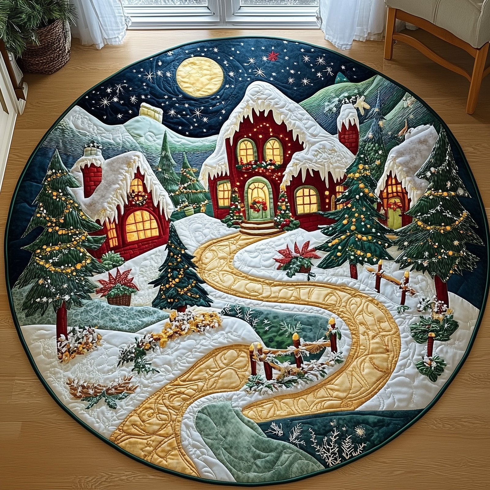 Peaceful Snow Village Round Mat Rug - Nature Design | Serene Home Decor