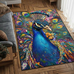 Peacock area rug in a living room