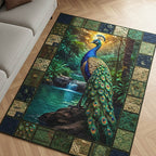 Peacock area rug in a living room