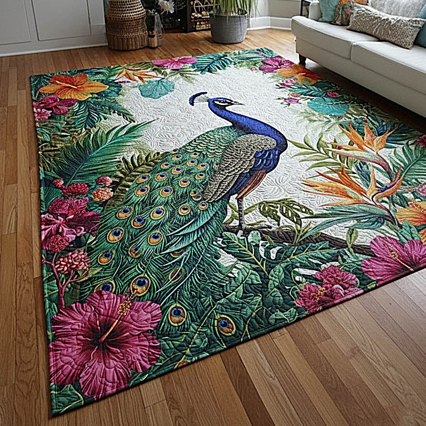 Peacock area rug in a living room