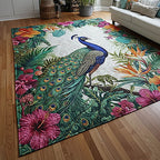 Peacock area rug in a living room
