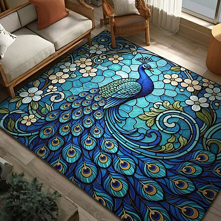 Peacock area rug in a living room