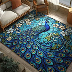 Peacock area rug in a living room
