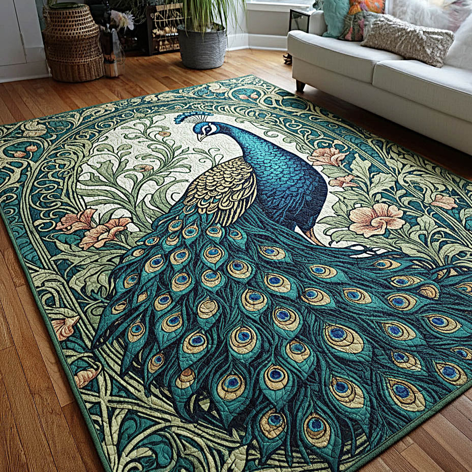 Peacock area rug in a living room